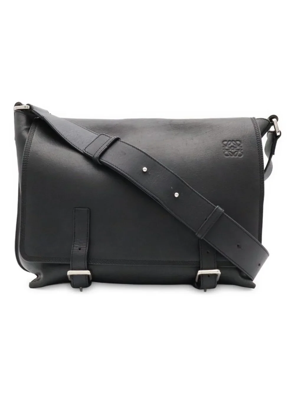 Loewe Anagram Military Messenger Bag Canvas Leather Black Silver